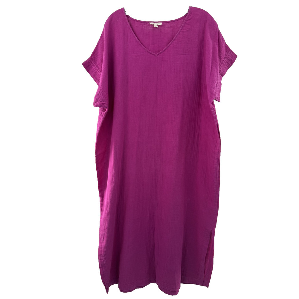 Eileen Fisher Short Sleeve Magenta Shift Caftan Dress Size Large Cruise Beach